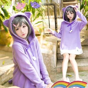 Cute Anime Purple Fleece Cat Hoodie Mini Dress with tail and ears